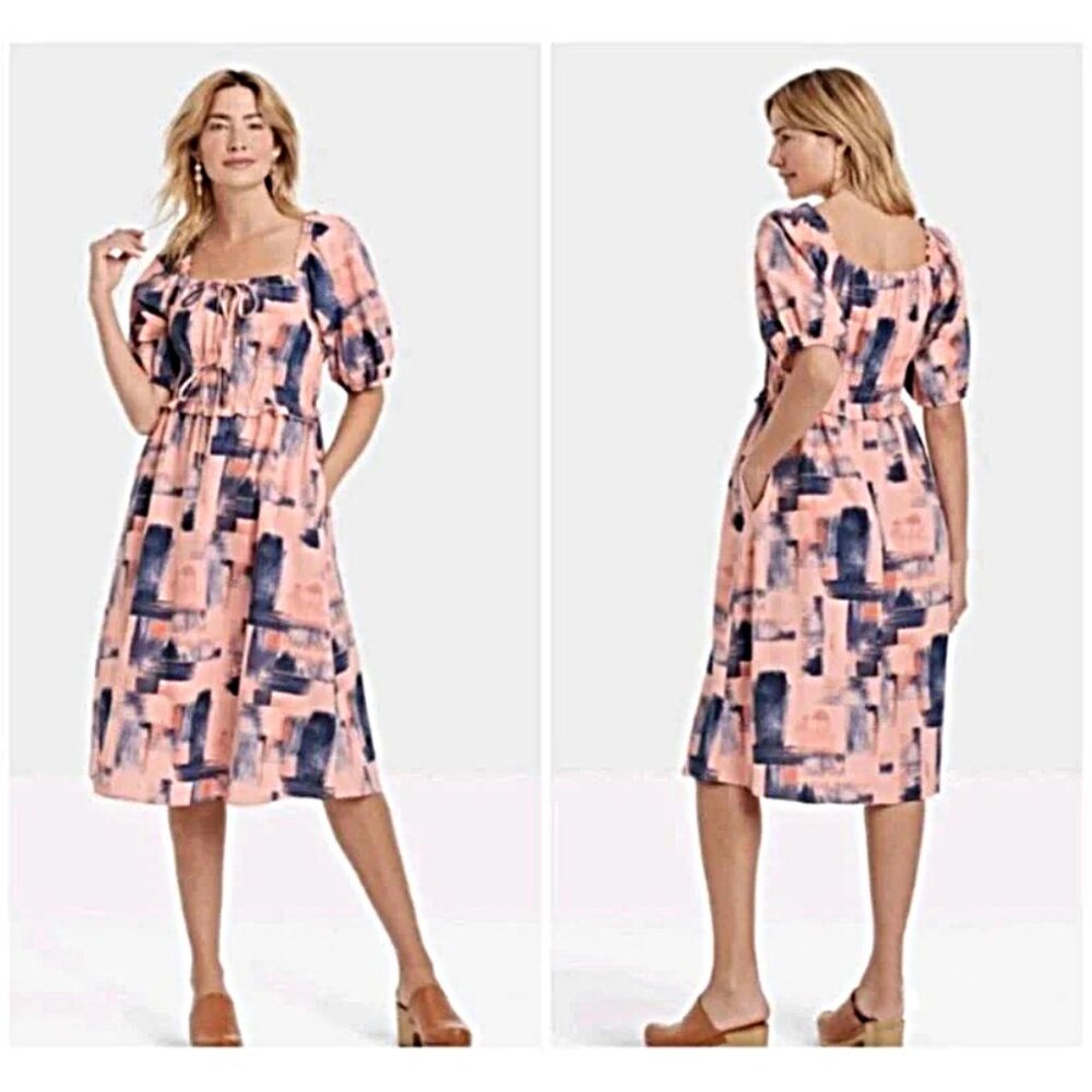 Universal Thread Small Navy Blue Pink Peach Dress Cotton Pockets Puff Sleeves
